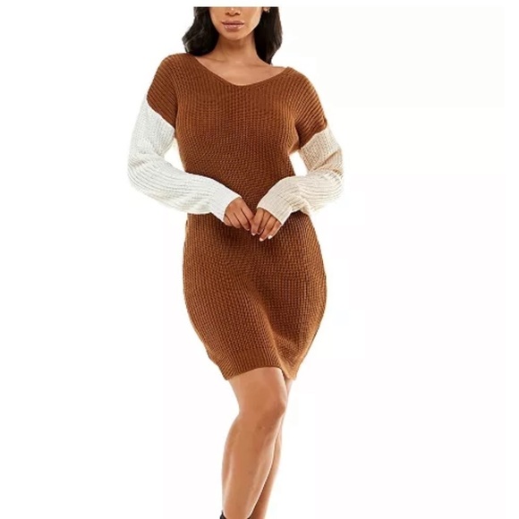 Crave Fame Juniors Colorblocked Reversible Sweater Dress Brown Cream NEW S - Picture 2 of 7